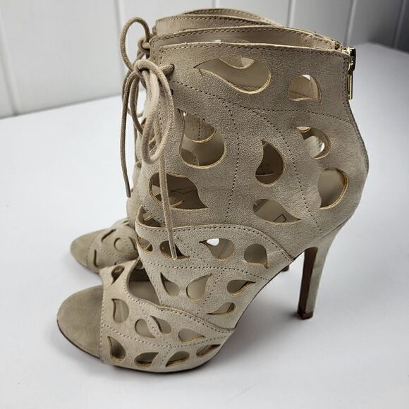 Aldo Tan Suede Laser-Cut Peep Toe Heels, Size 6.5 - Picture 2 of 16